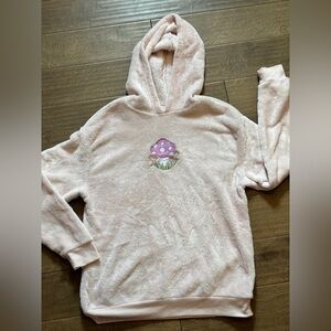 Love tribe women’s medium light pink pullover with mushroom design